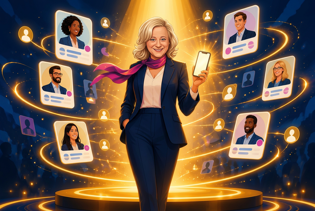 Illustration of Julie Riga in a navy suit on a spotlit stage holding her phone, surrounded by gold sparkles and floating profile cards