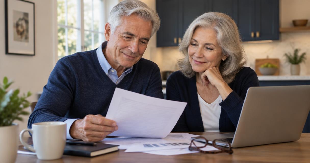 Senior couple calmly reviewing their Medicare paperwork at home