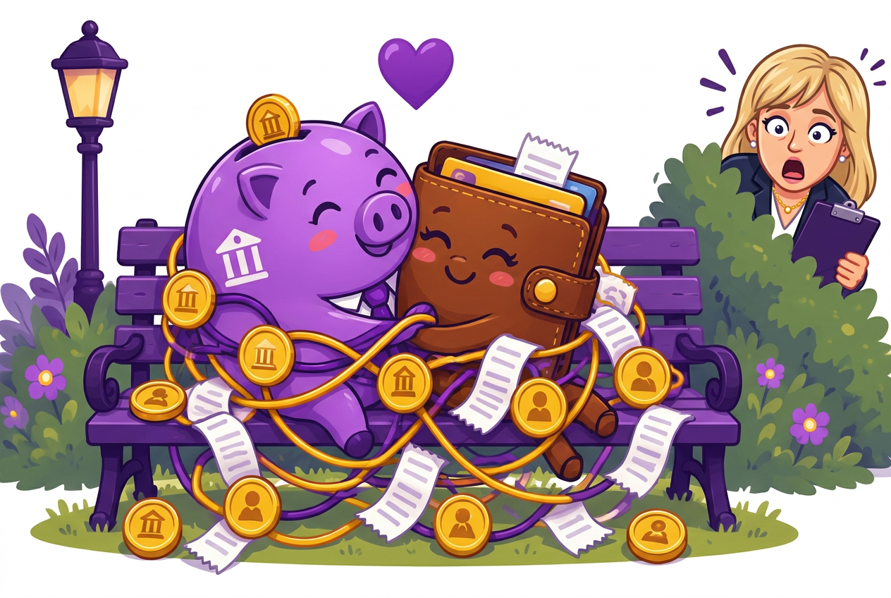 Cartoon of a business piggy bank and a personal wallet cuddling on a bench while a shocked Lisa Brizendine watches