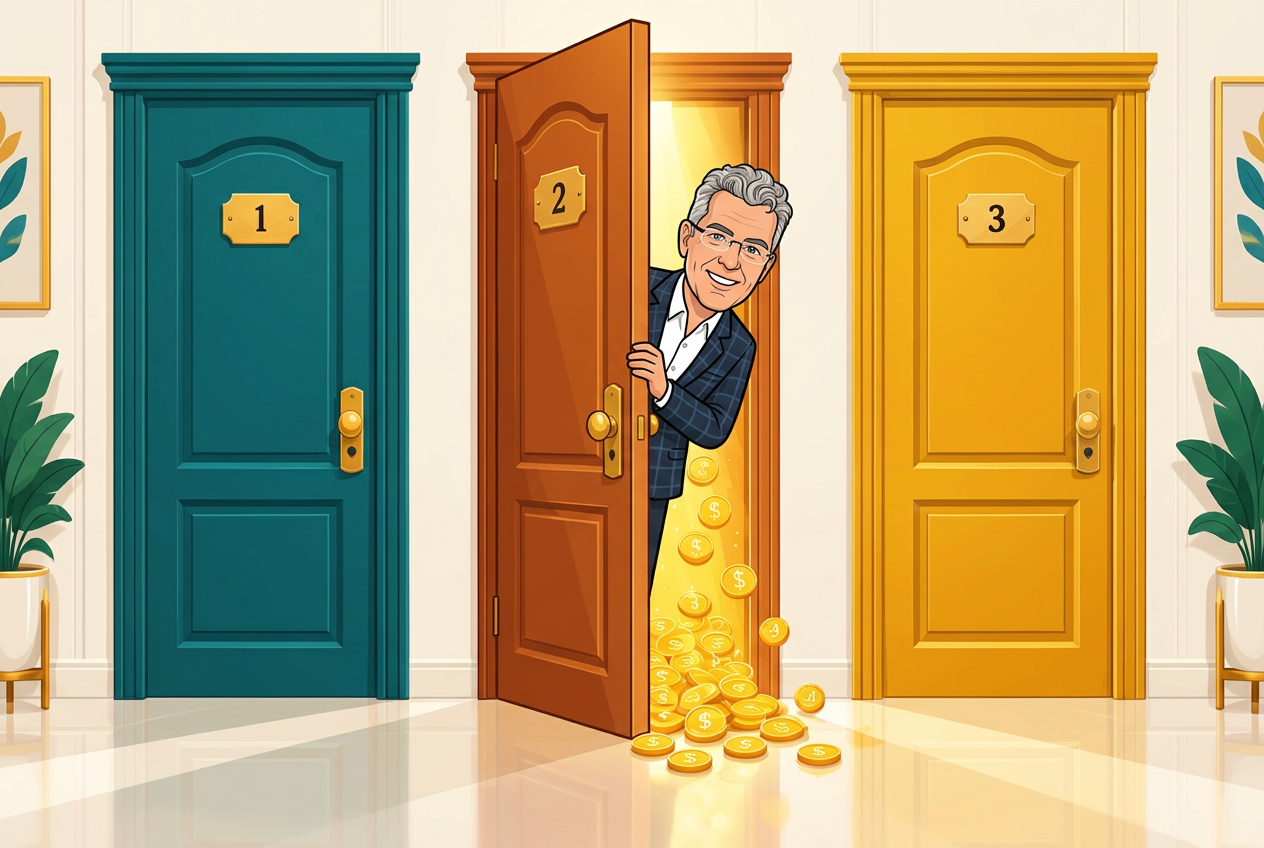 Three numbered doors, with the middle one open and gold coins spilling out as Bryan Daly peeks out smiling