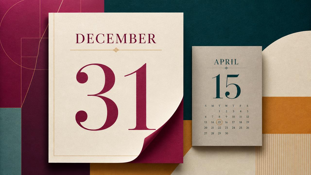 A large December 31 calendar page with a checkmark beside a small grayed-out April 15 page with an X