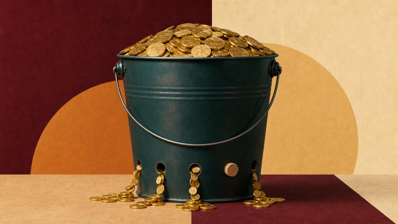 A bright turquoise bucket of gold coins leaking through holes while a hand plugs one with a cork