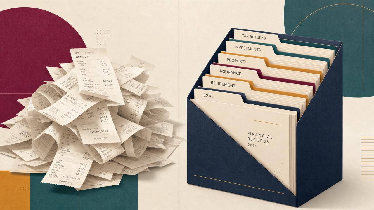 An overflowing shoebox of colorful crumpled receipts beside a neatly organized purple folder