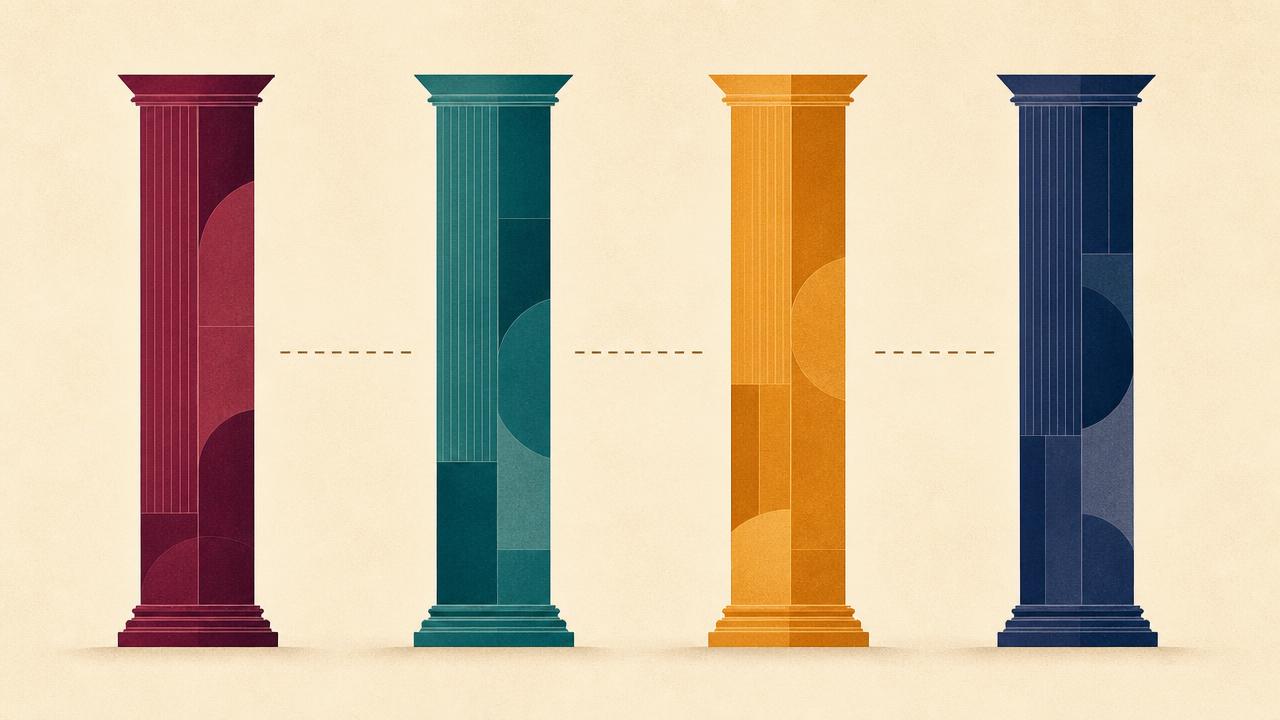 Four separate silos each holding one professional, with broken dashed lines between them